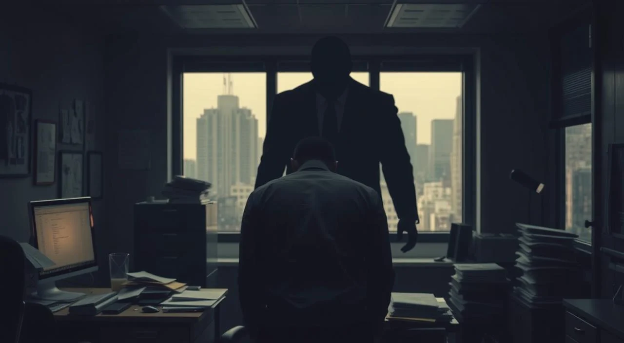 A dimly lit office space, the air thick with tension. In the foreground, a lone figure shrinks back, shoulders hunched, face obscured by shadows - the embodiment of the debilitating fear of rejection. Surrounding them, the trappings of a once-thriving career: a cluttered desk, a flickering computer screen, and piles of neglected paperwork. The middle ground reveals the source of this anguish - a looming, faceless figure, casting a menacing shadow, a symbol of the perceived judgment and criticism that paralyzes the subject. In the background, a hazy, desaturated cityscape, the windows of distant skyscrapers serving as a reminder of the professional world the subject has retreated from. Somber tones and a sense of isolation pervade the scene, capturing the profound impact of the fear of rejection on one's career and sense of self-worth.