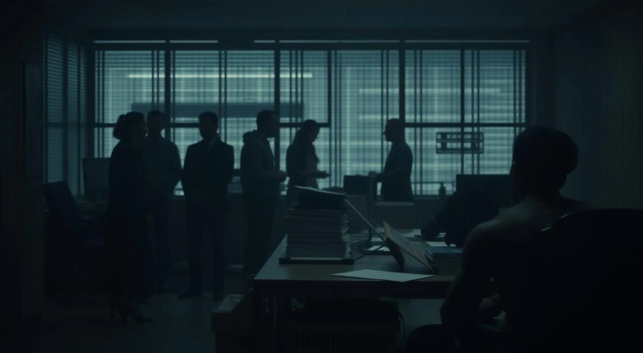 A dimly lit office space, the atmosphere heavy with a sense of vulnerability. In the foreground, a lone figure sits hunched over a desk, shoulders slumped, their face obscured by shadows. The middle ground reveals the intricate web of interpersonal dynamics, colleagues engaged in hushed conversations, an undercurrent of tension palpable. The background casts a somber mood, with muted colors and a subdued lighting scheme, evoking a sense of unease and uncertainty. Soft, diffused light filters through the blinds, creating a moody, cinematic ambiance. The scene conveys the powerful influence of both workplace relationships and the physical environment on one's emotional well-being and sense of self.