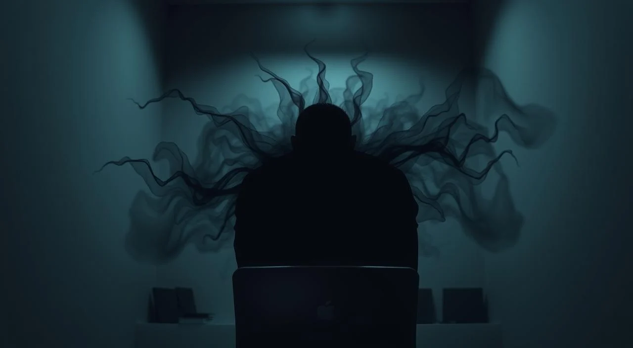 A dimly lit office space, the walls a somber shade of gray. In the foreground, a figure sits hunched over a desk, their shoulders weighted down by the burden of negative thoughts. Swirling around them, ghostly wisps of dark, ominous energy, casting an unsettling haze over the scene. The lighting is low, creating deep shadows that accentuate the sense of gloom and unease. In the background, the once-vibrant career path appears clouded and obscured, a stark contrast to the individual's inner turmoil. The overall atmosphere is one of overwhelming anxiety and self-doubt, a visual representation of the "pensamentos negativos e carreira" that can hinder professional growth.