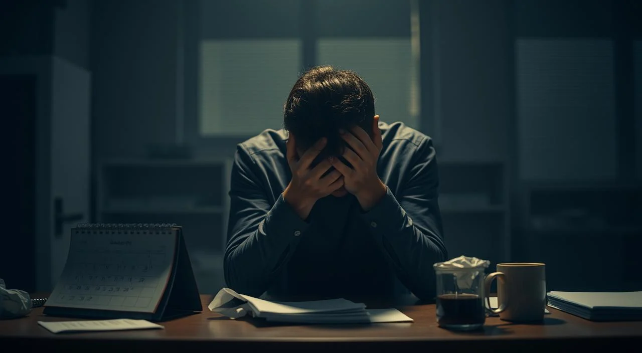 A dimly lit office space, with a figure sitting at a desk, shoulders hunched, head in hands, conveying a sense of overwhelming stress and anxiety. The background is blurred, creating a moody, introspective atmosphere. The figure is illuminated by a soft, warm light, casting long shadows and highlighting the tension in their posture. The scene is complemented by subtle visual metaphors, such as a tattered calendar, a crumpled to-do list, and a half-empty coffee mug, all symbolizing the personal and professional toll of insecurity. The overall composition evokes a powerful narrative of the profound impacts of insecurity on both work and personal life.