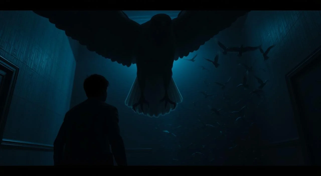A dimly lit, ominous room with an unsettling atmosphere. In the foreground, a person shrinks away from a large, looming bird, its piercing gaze and menacing talons capturing their fear. The bird's silhouette dominates the scene, casting an imposing shadow that heightens the sense of unease. In the background, a swarm of smaller birds appears, their fluttering wings and shrill cries adding to the sense of panic and dread. The lighting is dramatic, with deep shadows and a moody, bluish hue that enhances the eerie, unsettling mood. The camera angle is low, emphasizing the power and dominance of the bird over the fearful human subject.