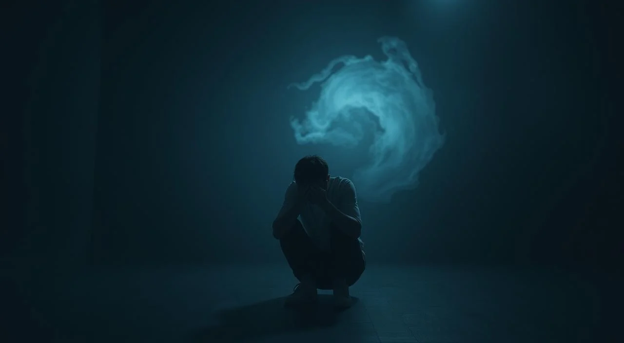 A dimly lit room, cast in somber tones of grey and blue. In the foreground, a solitary figure sits hunched, hands covering their face, their body language conveying a sense of isolation and overwhelming anxiety. The background is a swirling vortex of shadowy shapes, representing the all-consuming cycle of fear, denial, and withdrawal. Soft, muted lighting casts deep shadows, adding to the sense of emotional turmoil and psychological tension. The scene is a stark and emotive visualization of the interplay between anxiety, isolation, and the struggle to confront one's fears.