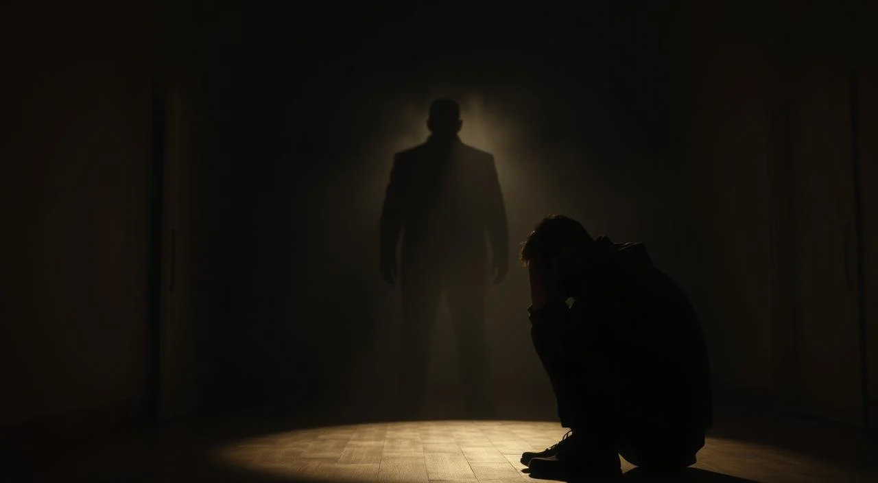 A dimly lit room, casting long shadows and a somber atmosphere. In the foreground, a figure sits hunched, their face obscured by their hands, radiating a sense of anxiety and fear of judgment. The middle ground features a looming, shadowy presence, representing the oppressive weight of judgment. The background is hazy and indistinct, emphasizing the isolation and introspection. Soft, warm lighting from a single source creates a sense of introspection and vulnerability. The scene evokes a profound sense of unease, mirroring the internal turmoil of "medo de julgamento e autenticidade."