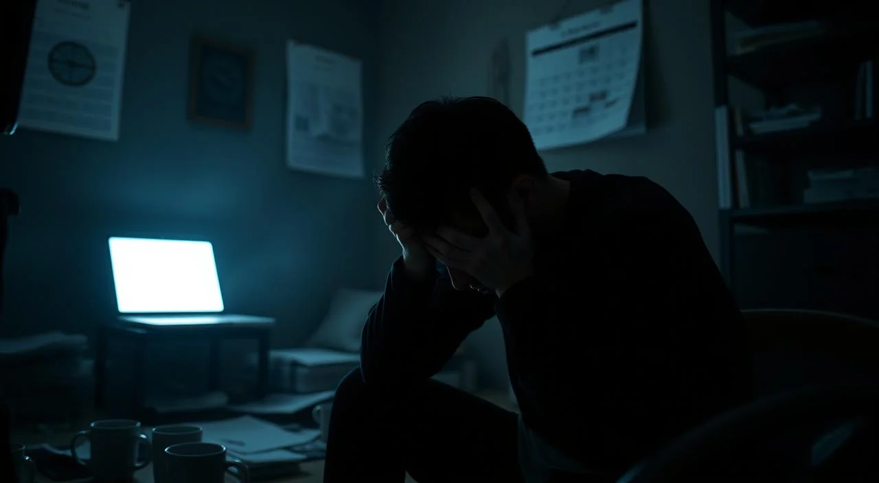 A dimly lit room, cluttered with scattered papers, half-empty coffee mugs, and a laptop glowing softly in the corner. In the foreground, a person sits hunched over, hands gripping their head, face etched with worry and tension. The lighting casts deep shadows, emphasizing the weight of the anxiety that surrounds them. In the middle ground, a calendar hangs on the wall, its pages flipping rapidly, symbolizing the relentless passage of time and the mounting pressures of daily life. The background fades into a hazy, almost dreamlike state, reflecting the sense of disconnect and detachment that often accompanies anxiety. The overall mood is one of overwhelming stress and the debilitating impact of anxiety on the individual's ability to function in their daily routine.