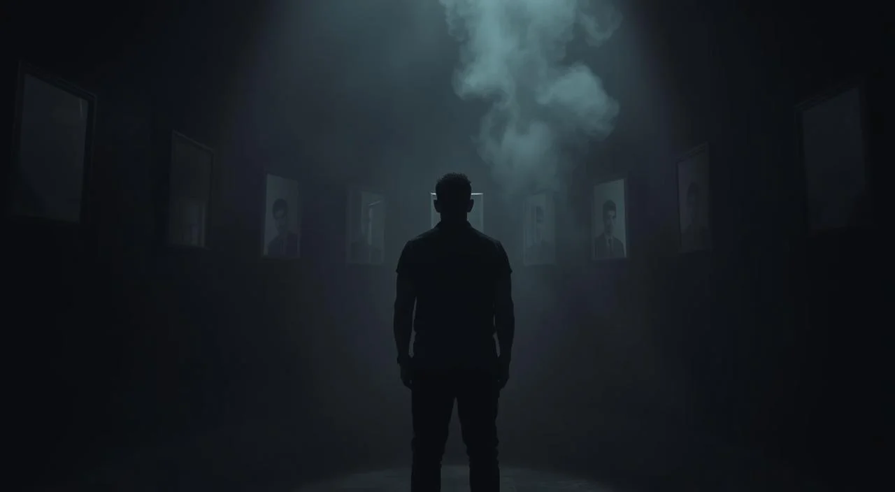 A dimly lit room, filled with the heavy weight of self-doubt and fear of judgment. In the foreground, a figure stands alone, shoulders hunched, gaze downcast, overwhelmed by the shadowy specters of critical voices swirling around them. In the middle ground, a maze of mirrors reflects a distorted image, casting doubt and magnifying insecurities. The background is a hazy, oppressive atmosphere, as if the very air is thick with the anxieties of being judged and found wanting. Dramatic chiaroscuro lighting creates a moody, introspective tone, capturing the internal struggle of confronting the origins of this debilitating fear.