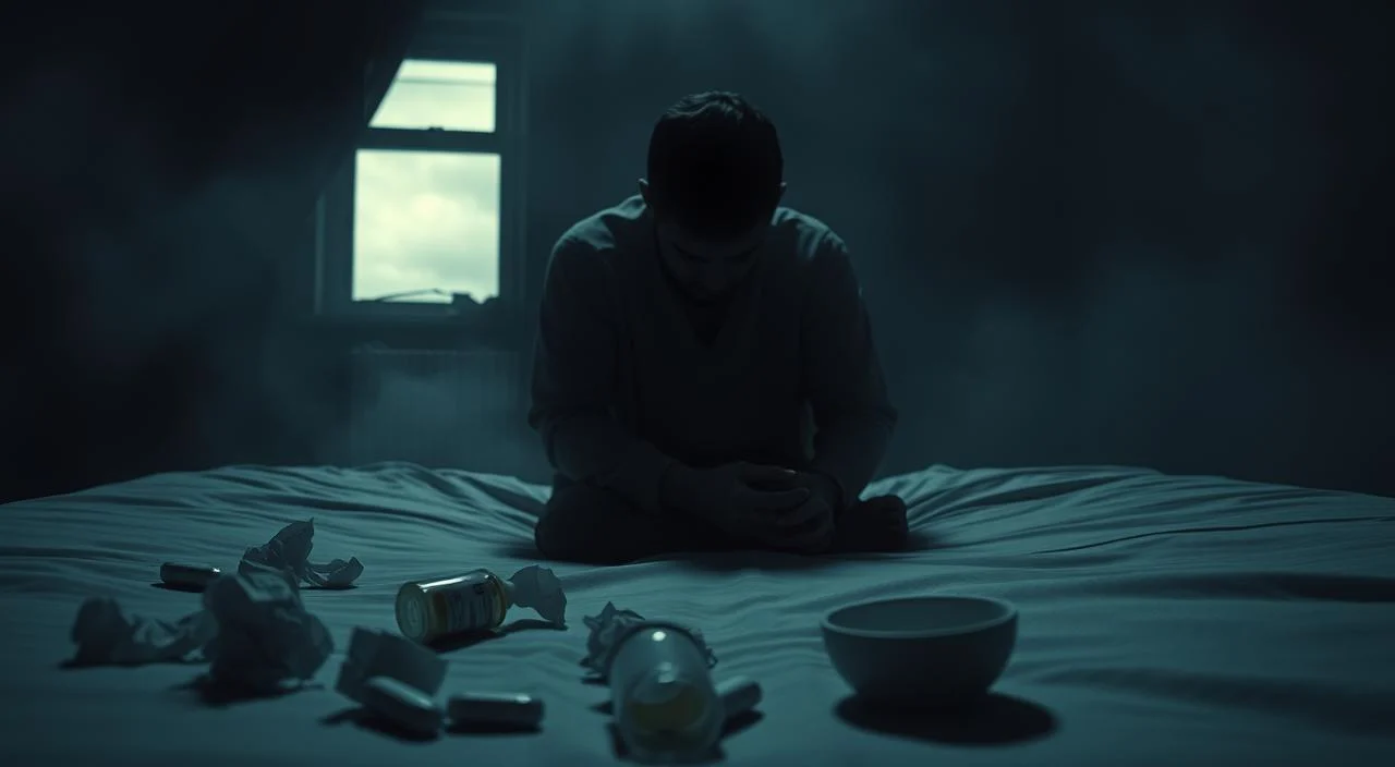 A dimly lit room, heavy with the weight of melancholy. In the foreground, a figure sits hunched on a bed, shoulders sagging, face obscured by shadows. Surrounding them, scattered tokens of sorrow - crumpled tissues, an untouched meal, a half-empty pill bottle. The middle ground is hazy, the walls closing in, colors muted and drained of vibrancy. In the background, a window offers a glimpse of a gray, overcast sky, symbolic of the internal gloom. The atmosphere is one of profound dejection, a palpable sense of isolation and hopelessness. This is the visual manifestation of the debilitating symptoms of depression.