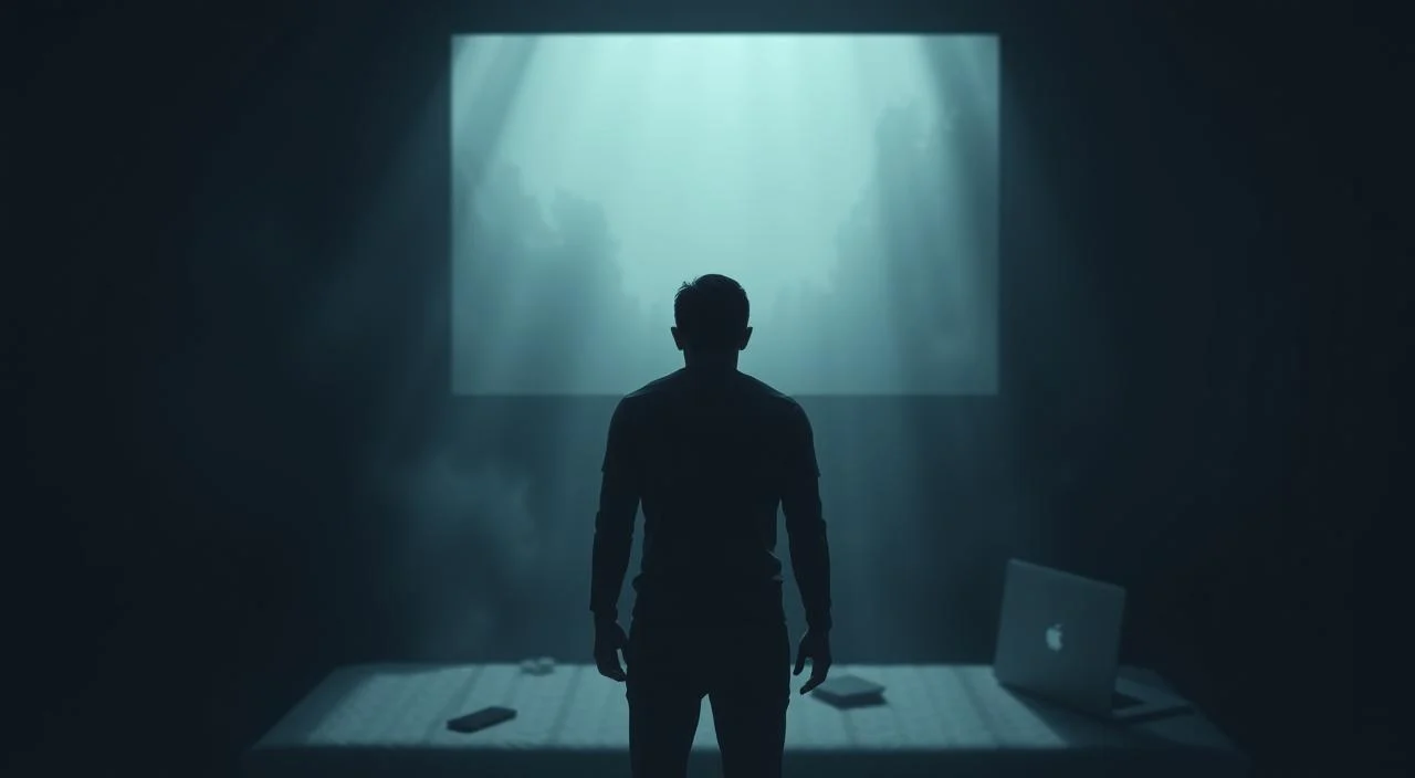 A dimly lit room, its walls closing in, casting shadows that seem to whisper of social anxiety and self-doubt. In the foreground, a figure stands, shoulders hunched, gaze downcast, consumed by the overwhelming pressure to be perfect. Surrounding them, fragments of digital interfaces - a phone, a laptop, symbols of the ever-present threat of judgment. The middle ground is blurred, hinting at the tangled web of comparisons and expectations that plague the modern mind. In the background, a hazy, dreamlike landscape, where the lines between reality and perception blur, reflecting the fragility of mental wellbeing. The scene conveys a sense of claustrophobia, isolation, and the overwhelming weight of perfectionistic tendencies and the fear of social scrutiny.