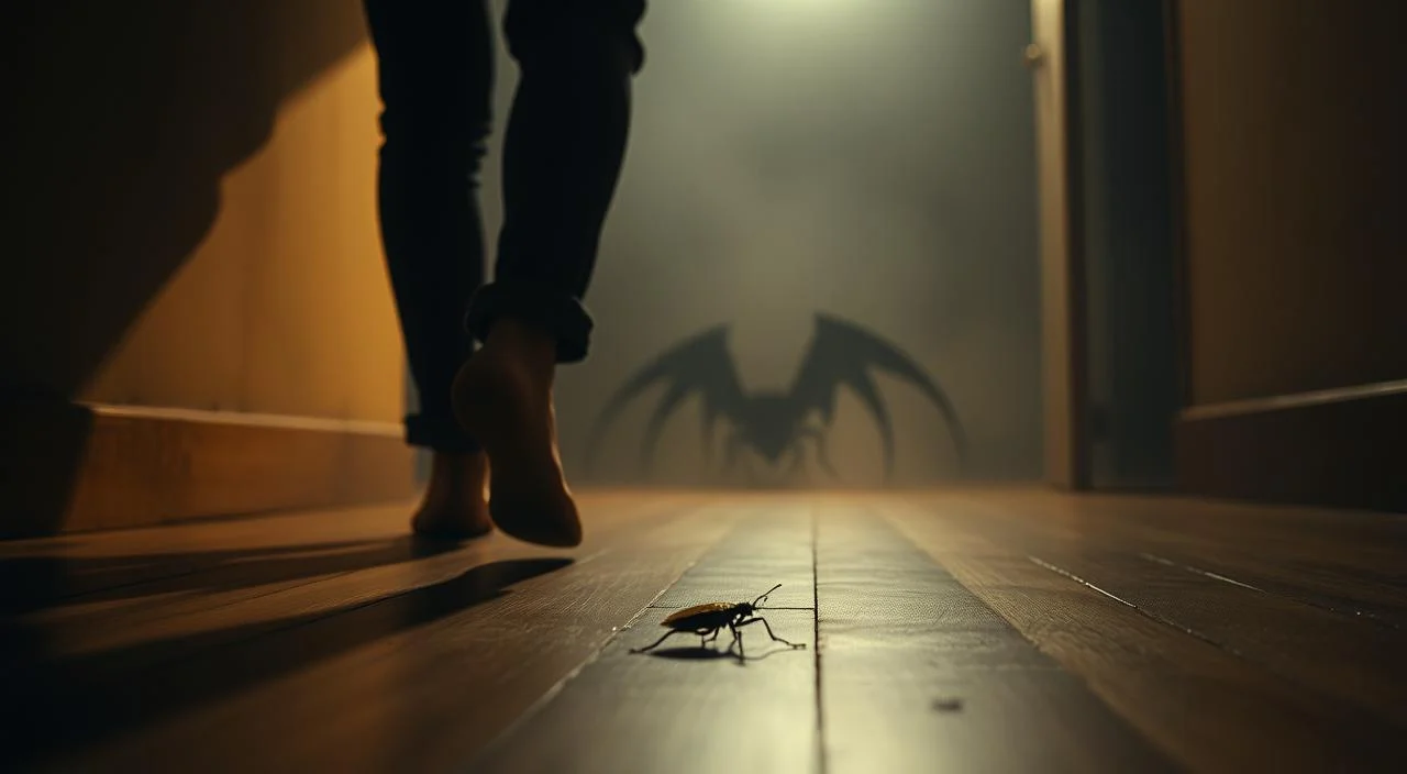 A dimly lit room, shadows cast upon the walls, a lone insect scuttling across the floor, its presence magnified by the fear it instills. In the foreground, a person's feet, stepping back cautiously, their heart pounding with an instinctive dread. The middle ground captures the insect's unsettling movement, its alien form eliciting a visceral reaction. The background fades into a hazy, ominous atmosphere, highlighting the overwhelming sense of unease. Soft, warm lighting casts an eerie glow, emphasizing the contrast between the familiar and the unknown. The scene conveys the essence of "medo de insetos," the primal fear of these small, often misunderstood creatures.