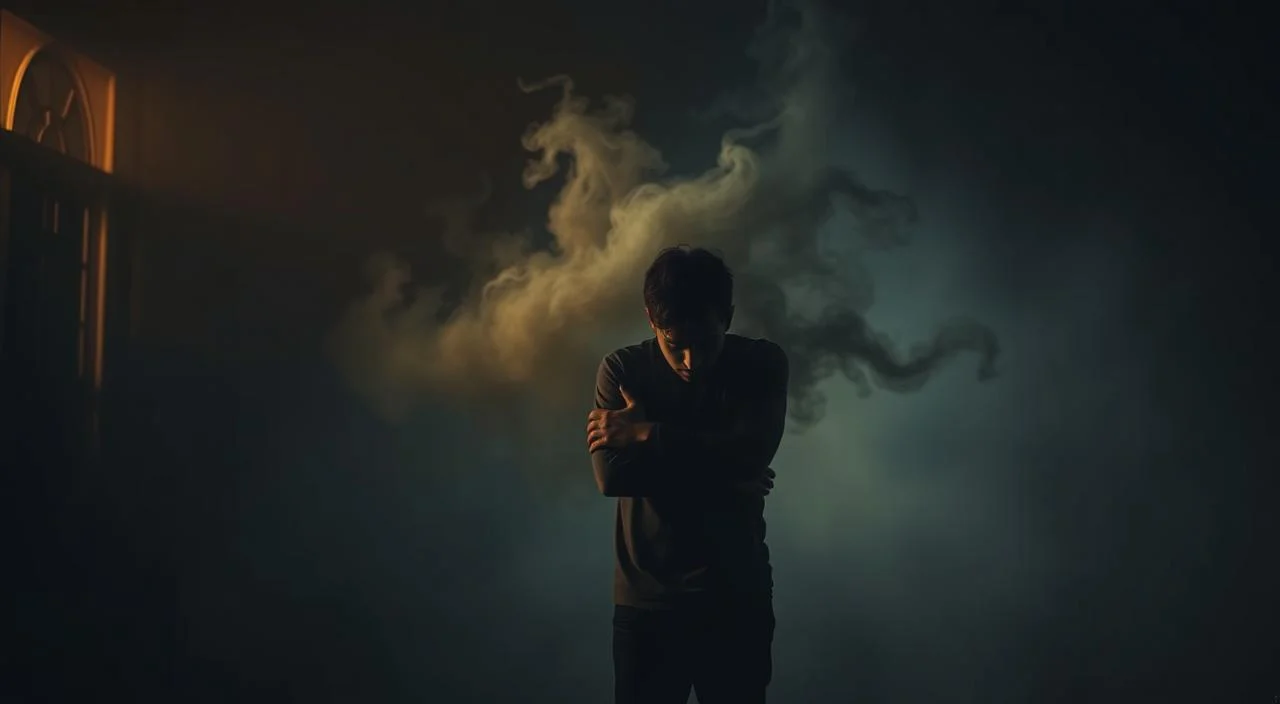 A dimly lit room, shadows looming in the corners. In the foreground, a figure stands alone, shoulders hunched, arms wrapped around themselves. Their expression is one of deep vulnerability, eyes downcast, brow furrowed. In the middle ground, a swirling mist of insecurity and self-doubt, tendrils reaching out to envelop the figure. The background is a hazy, indistinct landscape, a representation of the uncertainty and fear that often accompanies the dread of rejection. Soft, warm lighting illuminates the scene, casting a melancholic glow and evoking a sense of isolation and introspection. The overall atmosphere is one of quiet despair, a visual representation of the internal struggle with the causes of the fear of rejection.