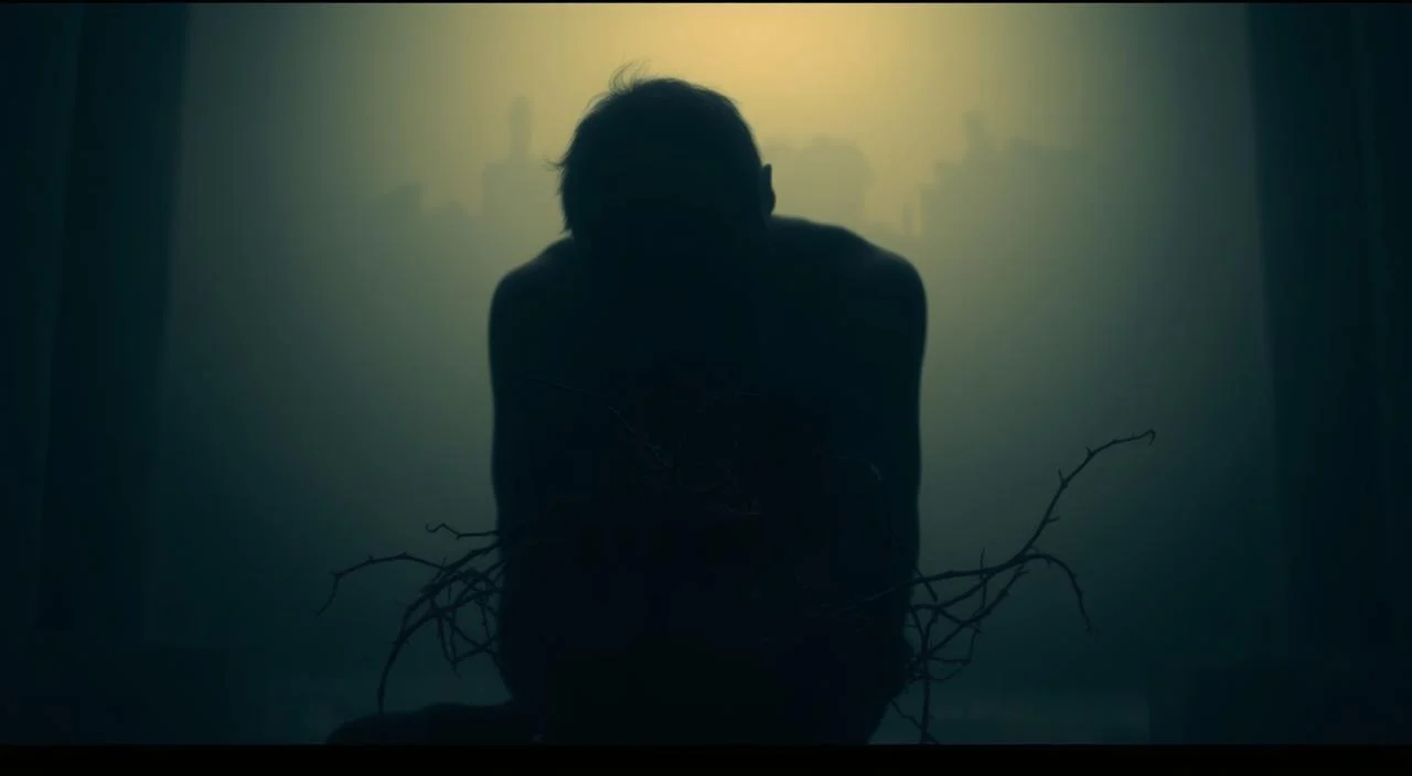 A dimly lit room, the atmosphere heavy with a palpable sense of melancholy. In the foreground, a figure sits hunched, their shoulders slumped in defeat, face obscured by shadows. Surrounding them, a muted color palette of grays and blues, conveying a somber and introspective mood. In the middle ground, subtly hinting at the internal struggle, a tangle of thorns or vines winds its way around the figure, symbolic of the mental anguish and emotional turmoil associated with depression. The background fades into a hazy, out-of-focus landscape, further emphasizing the isolation and detachment experienced by the individual. A soft, warm light casts a somber glow, creating a sense of vulnerability and introspection. The overall composition evokes a sense of melancholy, loneliness, and the weight of depression that the viewer can empathize with.
