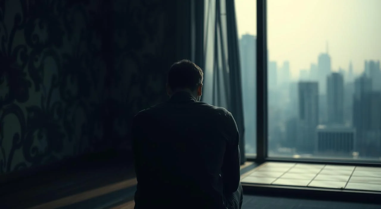 A dimly lit room, the walls adorned with intricate shadows and a sense of unease. In the foreground, a solitary figure sits, shoulders hunched, their face obscured, radiating an overwhelming sense of social anxiety. The background is a hazy, out-of-focus cityscape, hinting at the perceived judgment and scrutiny that plagues the individual. The lighting is soft and moody, creating a somber atmosphere that mirrors the internal turmoil. The scene evokes the isolating and debilitating experience of social anxiety, the causes of which loom in the background, looming and ever-present.