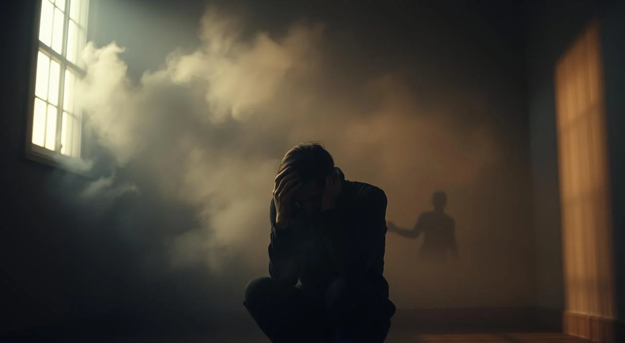 A dimly lit room, the walls adorned with shadows, symbolizing the heaviness of emotional insecurity. In the foreground, a figure sits hunched, their face obscured, conveying a sense of vulnerability and self-doubt. Wisps of mist swirl around, creating an atmosphere of unease and uncertainty. The middle ground is hazy, with faint outlines of shapes that could be reminders of past judgments or fears. The background is shrouded in a somber, muted palette, suggesting the overwhelming nature of the emotional landscape. Soft, warm lighting from an unseen source casts a gentle glow, offering a glimmer of hope amidst the darkness. This image aims to capture the essence of mental health struggles and emotional insecurity, serving as a powerful visual representation of the introduction to the article's subject.