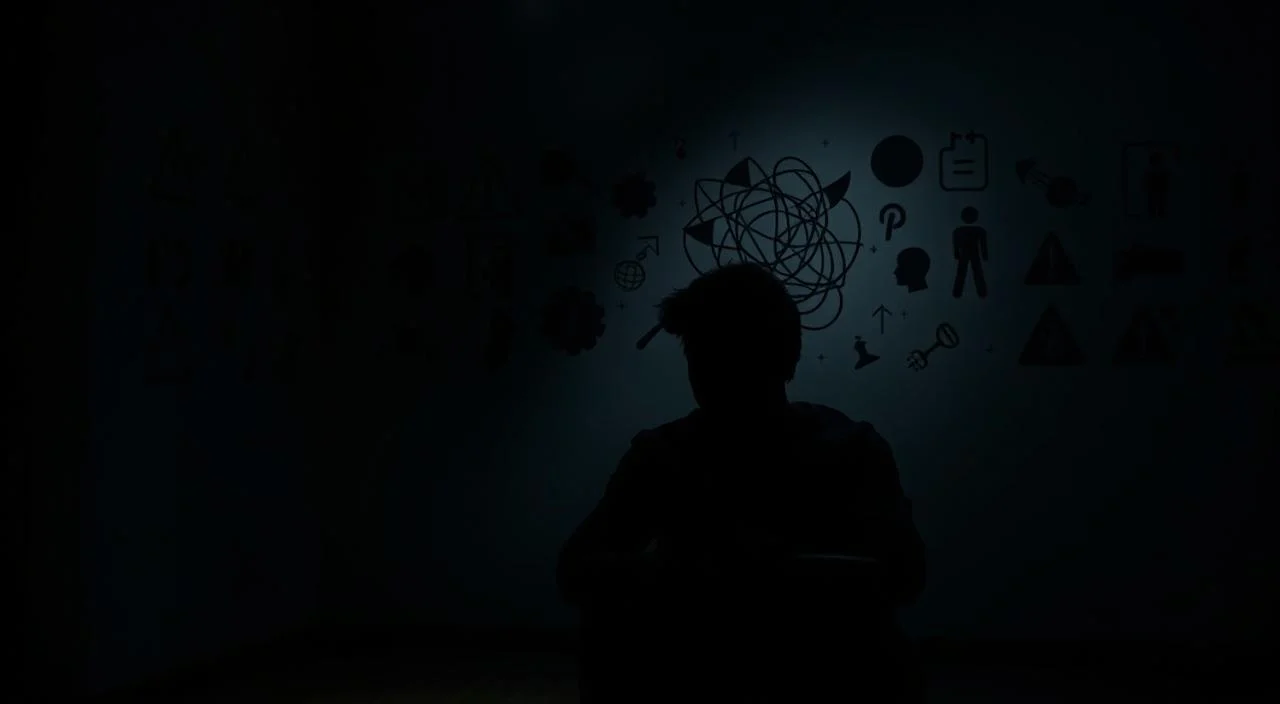 A dimly lit room, the walls adorned with subtle silhouettes of mental health warning signs. In the foreground, a person sitting in a chair, their face obscured by shadows, deep in contemplation. The lighting is muted, creating a pensive, introspective atmosphere. In the middle ground, abstract symbols and icons representing different mental health challenges - a tangled web of emotions, a fractured mind. The background is hazy, suggesting the complexity and uncertainty that often accompanies mental health struggles. The overall scene conveys a sense of introspection, awareness, and the need to recognize the subtle signs that may indicate the necessity for professional support.