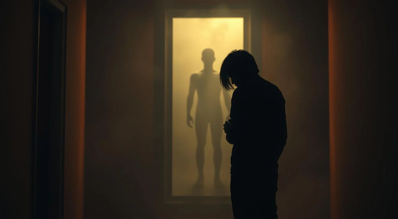 A dimly lit room, the walls awash with a warm, amber glow. In the foreground, a figure stands hunched, their hands clasped tightly, a sense of unease and self-doubt palpable. Surrounding them, a hazy, shadowy realm of social comparisons, magnified by an eerie, distorted mirror that warps their self-perception. The background a blur of indistinct shapes, a metaphor for the overwhelming nature of these internal struggles. Soft, diffused lighting casts a melancholic atmosphere, inviting the viewer to empathize with the subject's inner turmoil and the profound impact of social self-sabotage.