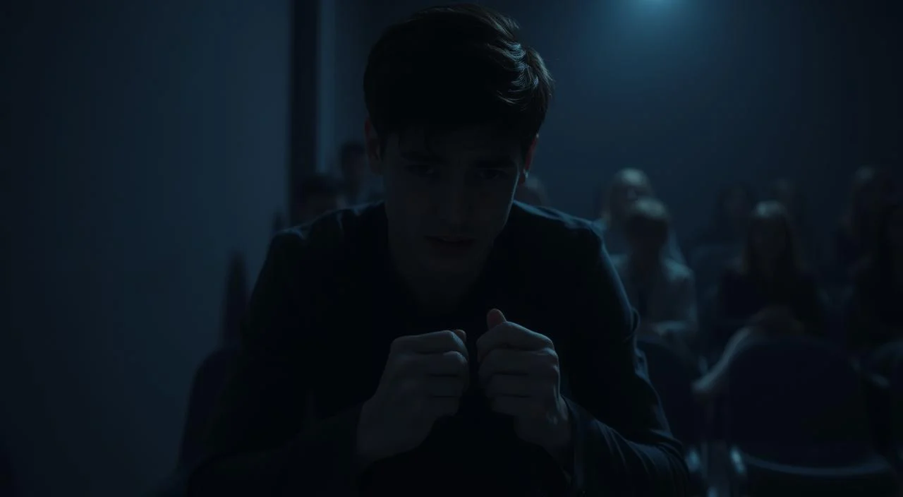 A dimly lit room, the walls closing in, a sense of unease palpable. In the foreground, a person sits hunched, hands trembling, eyes darting nervously, body language radiating anxiety and self-consciousness. Shadows cast across the face, highlighting the tense expression, the furrowed brow, the pursed lips. In the middle ground, a blurred crowd of indistinct figures, a perceived audience, a source of judgment and scrutiny. The background is hazy, a dreamlike quality, emphasizing the subjective nature of social anxiety. Dramatic chiaroscuro lighting, creating a sense of isolation and emotional intensity. Cinematic, moody, and evocative, capturing the essence of social anxiety symptoms.