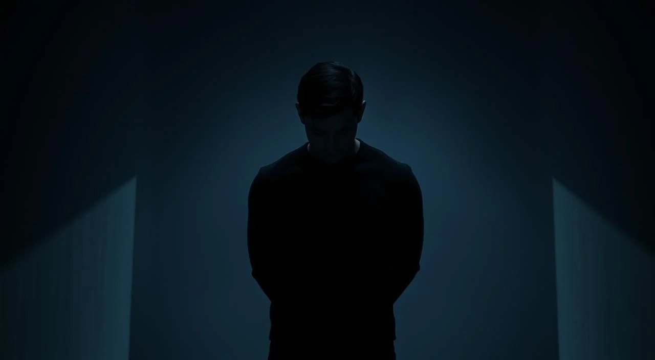 A dimly lit room, the walls covered in shadows that seem to close in. In the center, a figure stands alone, shoulders hunched, eyes cast downward. Their expression reflects a deep sense of unease, a fear of being judged and scrutinized by unseen eyes. The lighting is soft, creating a sense of vulnerability and isolation. The background is hazy, blurred, emphasizing the subject's isolation and the weight of their inner turmoil. The overall mood is one of discomfort, anxiety, and the overwhelming pressure of social expectations.