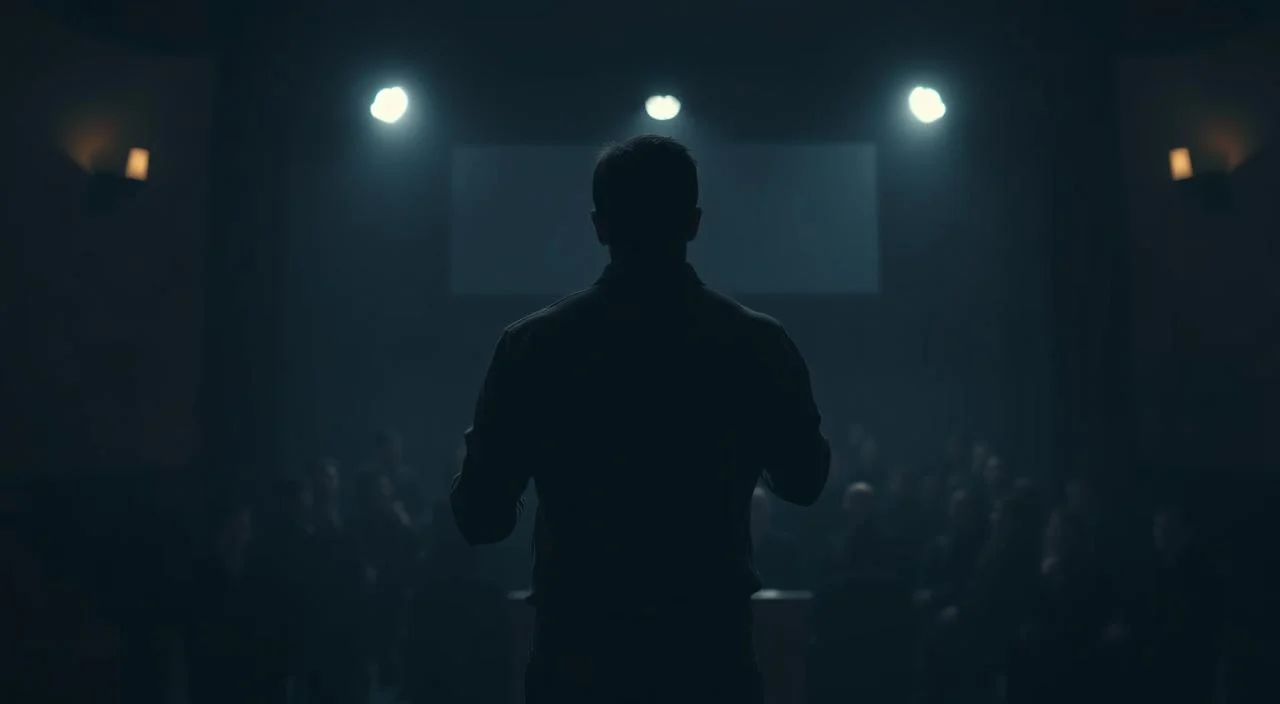 A dimly lit room, the walls painted in muted tones, casting an air of unease. In the foreground, a lone figure stands, shoulders hunched, hands trembling, a physical manifestation of the inner turmoil of public speaking anxiety. The middle ground reveals a shadowy audience, their faces obscured, creating a sense of judgment and scrutiny. The background is hazy, a blur of indistinct shapes, further emphasizing the isolation and vulnerability of the speaker. Dramatic lighting casts dramatic shadows, heightening the sense of tension and dread. The overall scene conveys the overwhelming emotions and psychological barriers that can hinder one's ability to communicate effectively in a public setting.