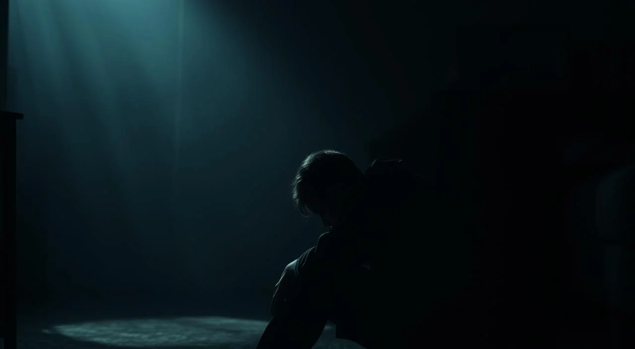A dimly lit room with a figure sitting alone, shoulders hunched, head bowed. The atmosphere is somber, the lighting moody and introspective, casting long shadows that accentuate the sense of isolation and discomfort. The figure's face is obscured, conveying a sense of anxiety and unease. In the background, hazy shapes and muted colors suggest a cluttered, overwhelming environment, adding to the feeling of being overwhelmed and withdrawn. The composition emphasizes the subject's inward focus, the weight of their social fears and the struggle to find comfort in their surroundings.