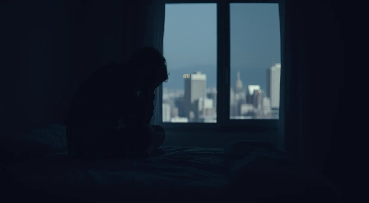 A dimly lit room with a lone figure sitting on the edge of a bed, their head in their hands. The atmosphere is one of quiet desperation, with shadows cast across the figure's face, symbolizing the internal struggle of social anxiety. In the background, a blurred cityscape is visible through a window, hinting at the external pressures and societal expectations that contribute to the subject's mental state. Muted colors and a slight haze create a somber, introspective mood, reflecting the complex and often hidden nature of the causes of social anxiety.