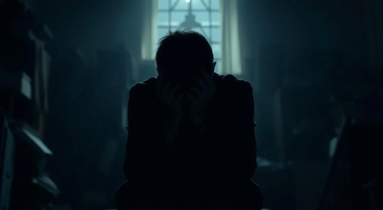 A dimly lit room, with a person sitting alone, head in hands, shoulders slumped. The atmosphere is heavy, the mood somber. Shadows cast across the figure, symbolizing the weight of self-judgment and the fear of criticism. In the background, blurred shapes of objects, suggesting a cluttered, overwhelming environment. The lighting is soft, creating a sense of introspection and isolation. The camera angle is slightly low, emphasizing the sense of vulnerability and small stature of the subject. The overall scene conveys the profound personal and professional impacts of the fear of judgment.