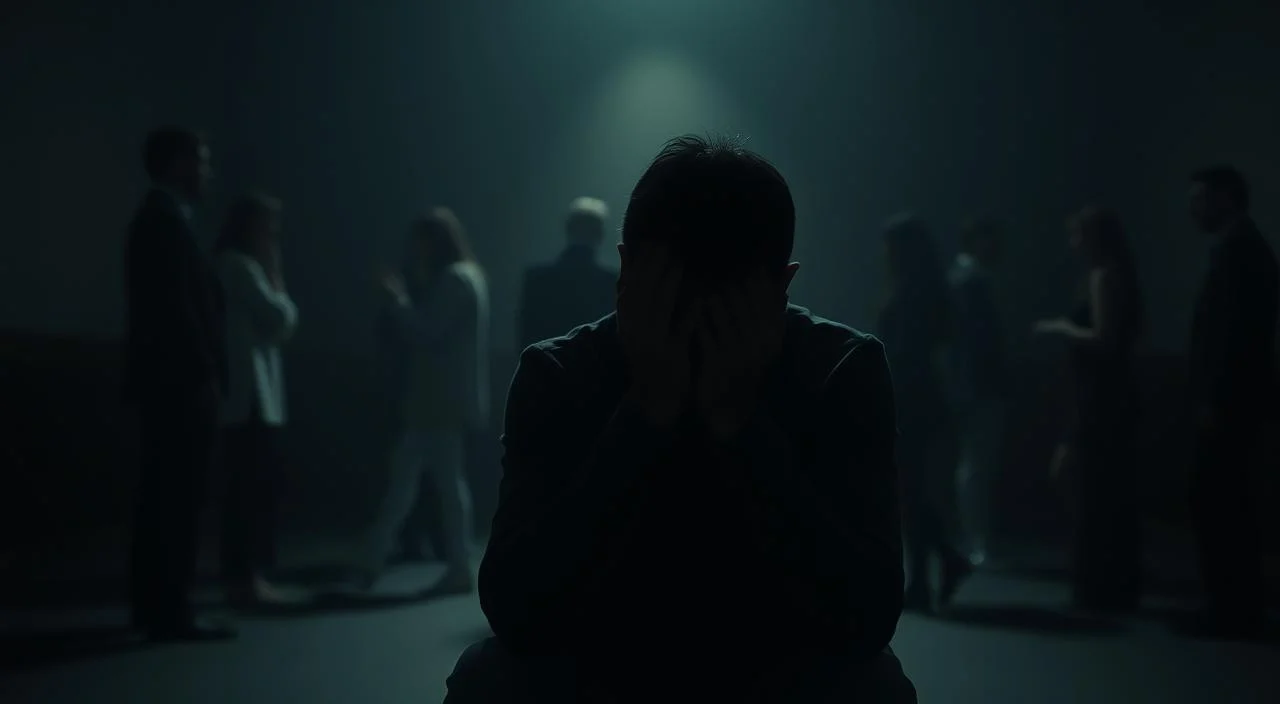 A dimly lit room with a person sitting alone, their face obscured by their hands. The lighting is somber, casting shadows that suggest a sense of isolation and introspection. In the background, blurred figures move in and out of focus, representing the social interactions that the person finds so challenging. The overall mood is one of anxiety and unease, capturing the internal struggle of social anxiety and the fear of judgment. The composition is structured to draw the viewer's attention to the central figure, emphasizing the subject's emotional state.