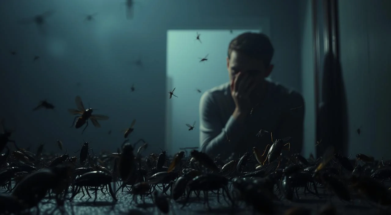 A dimly lit room with a sense of unease and tension. In the foreground, a collection of various insects - crawling, buzzing, and lurking, casting unsettling shadows. The middle ground features a person, their face hidden in their hands, visibly distressed by the presence of the insects. The background is hazy, with a sense of isolation and a hint of dread. The lighting is moody, with soft shadows and highlights accentuating the unsettling atmosphere. The overall composition conveys the powerful and overwhelming fear that can accompany entomophobia, the irrational fear of insects.