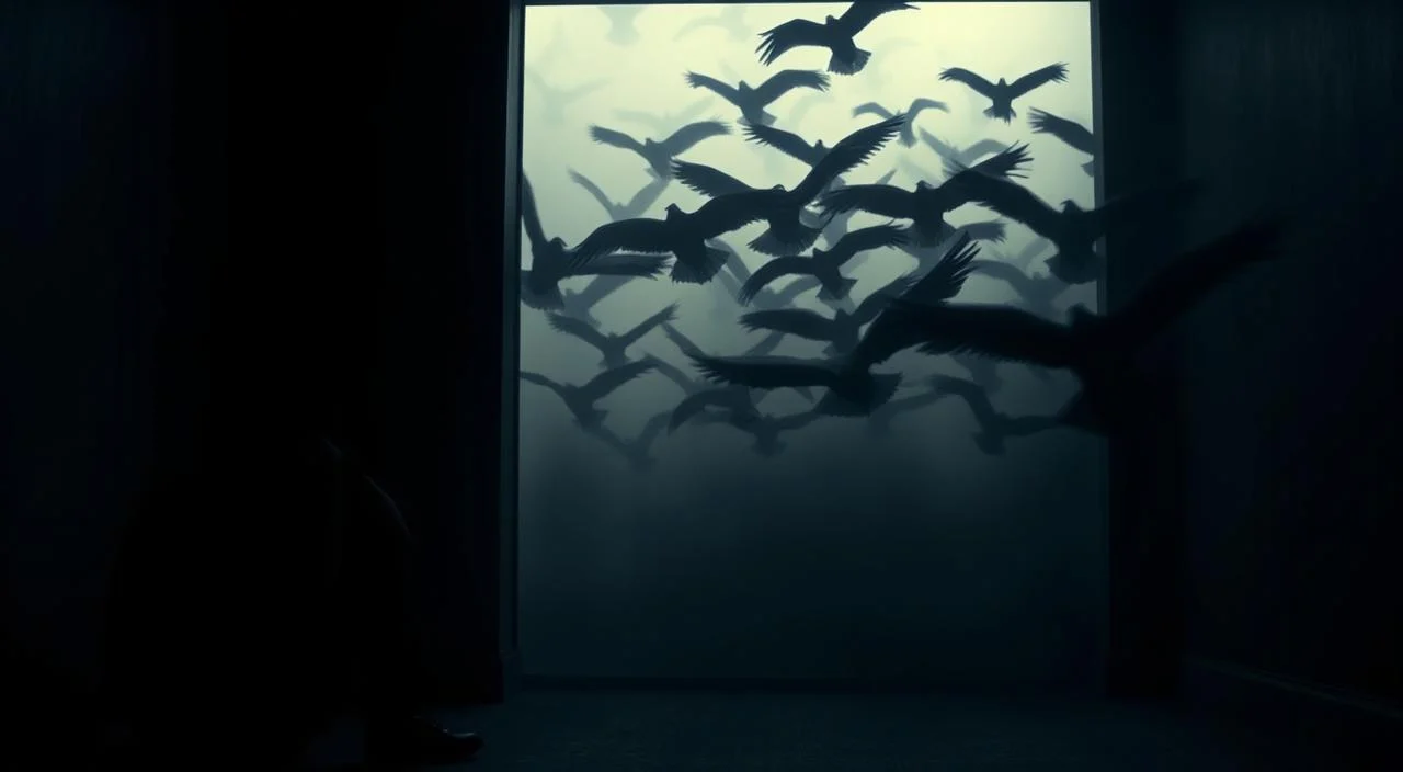 A dimly lit room, with a sense of unease and tension. In the foreground, a person sits huddled in a corner, hands covering their face, as if trying to shield themselves from an unseen threat. In the middle ground, a flock of ominous-looking birds, their wings outstretched, casting unsettling shadows on the walls. The background is hazy, with a sense of foreboding, as if the birds could swoop in at any moment. The lighting is low and moody, creating a sense of dread and anxiety. The overall atmosphere is one of deep-seated fear and unease, capturing the essence of "ansiedade relacionada a aves".