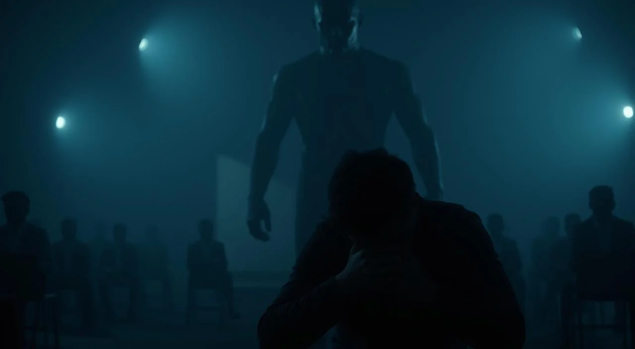 A dimly lit room with a sense of unease and trepidation. In the foreground, a person sits hunched over, their face obscured by shadows, hands clutched tightly as if bracing for criticism. The middle ground features a large, imposing figure looming overhead, casting a foreboding presence. The background is hazy, with indistinct shapes and forms, suggesting a sense of uncertainty and the unknown. Muted colors and soft, diffused lighting create an atmosphere of discomfort and vulnerability, capturing the essence of the "Introdução ao medo de julgamento e feedback".