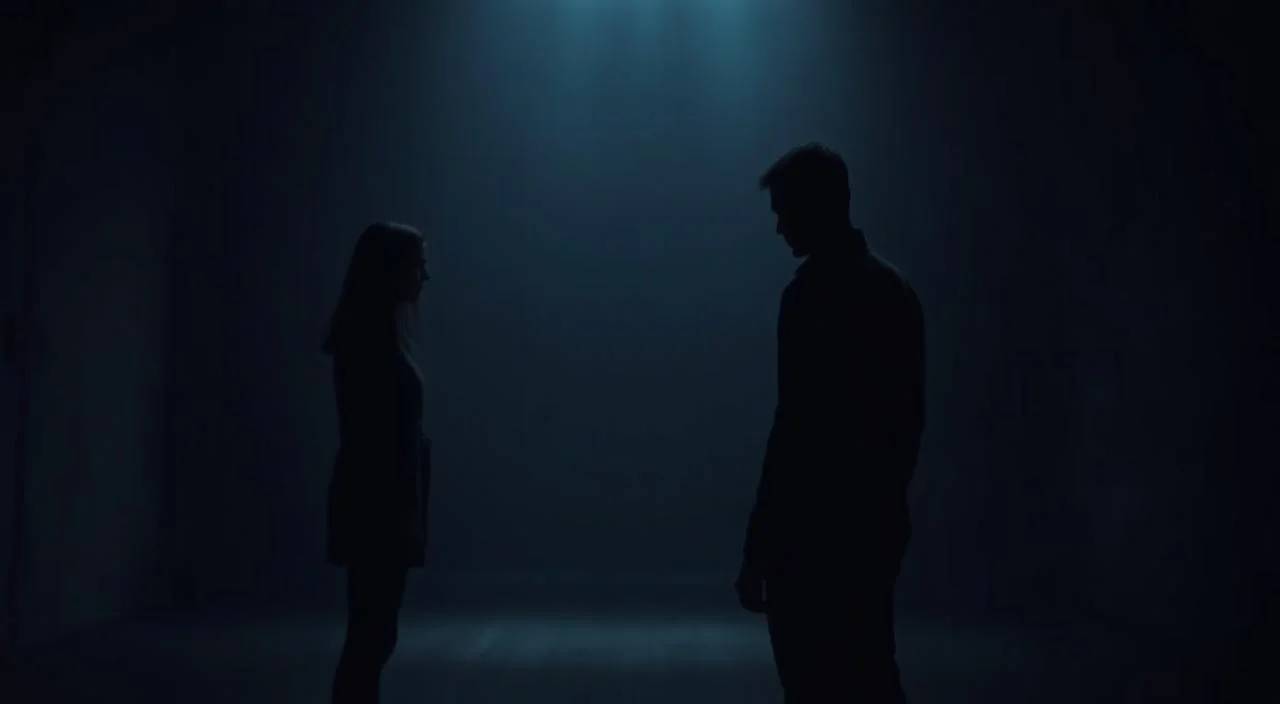 A dimly lit room, with shades of gray and muted tones. In the foreground, two figures stand facing each other, their body language tense and withdrawn, creating a palpable sense of disconnection. The background is blurred, suggesting a lack of focus on the outside world, as the central figures are consumed by the internal struggle of interpersonal relationships. The lighting is soft and moody, casting gentle shadows that add depth and complexity to the scene. The overall atmosphere conveys a sense of unease, vulnerability, and the profound impact that fear of judgment and rejection can have on human interactions.