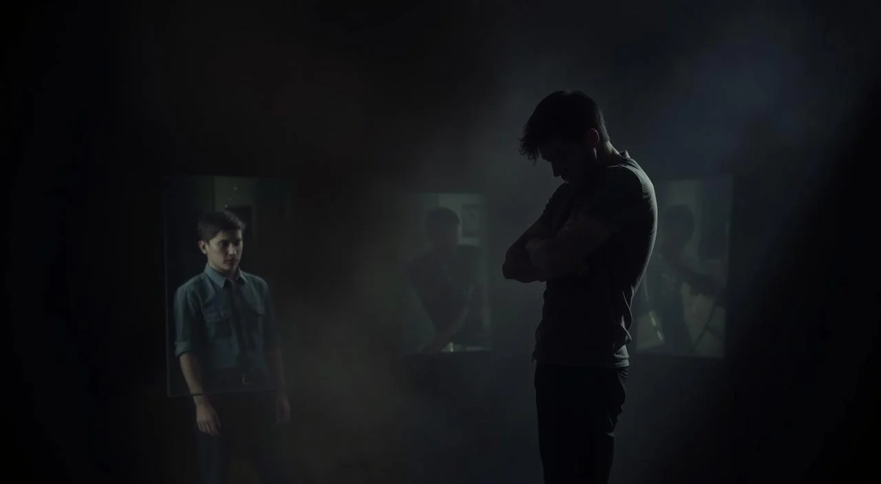 A dimly lit scene depicting self-sabotaging behaviors. In the foreground, a person stands with their arms crossed, shoulders hunched, eyes downcast, conveying a sense of self-doubt and insecurity. In the middle ground, shattered mirrors reflect fragmented images, symbolizing the distorted self-perception. The background is hazy, with shadows creeping in, creating an atmosphere of unease and psychological entrapment. Dramatic chiaroscuro lighting casts harsh shadows, emphasizing the inner conflict. The overall mood is one of introspection, vulnerability, and the struggle to overcome self-imposed limitations.