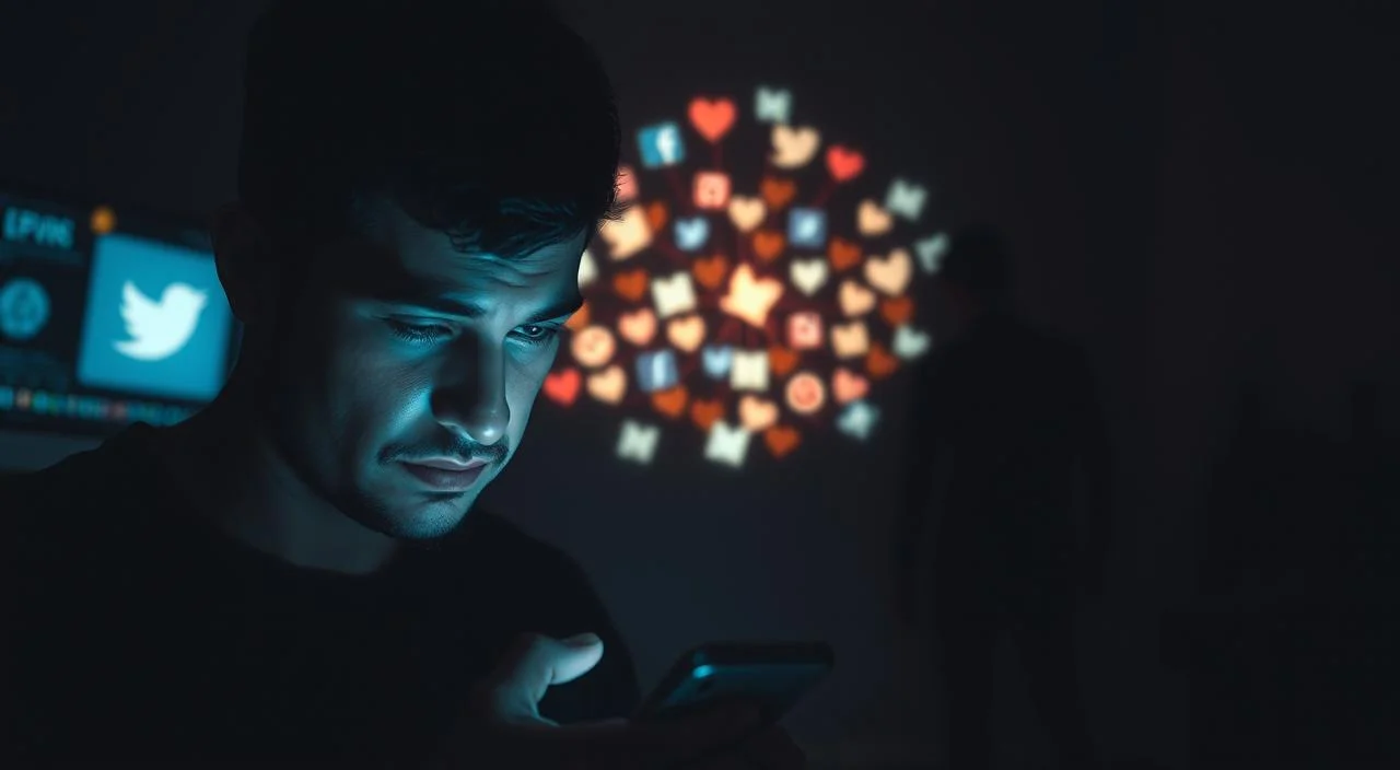 A dimly lit scene depicting the interplay between social media and mental well-being. In the foreground, a person gazes intently at a smartphone, their expression a mix of anxiety and detachment. The middle ground features a swirl of social media icons and notifications, casting an eerie glow. In the background, a shadowy figure representing self-doubt and insecurity lurks, its presence felt but not fully seen. The lighting is moody, with soft shadows and muted colors, conveying a sense of unease and introspection. The composition emphasizes the sense of being trapped in a negative cycle, where social media and inner turmoil feed off each other.