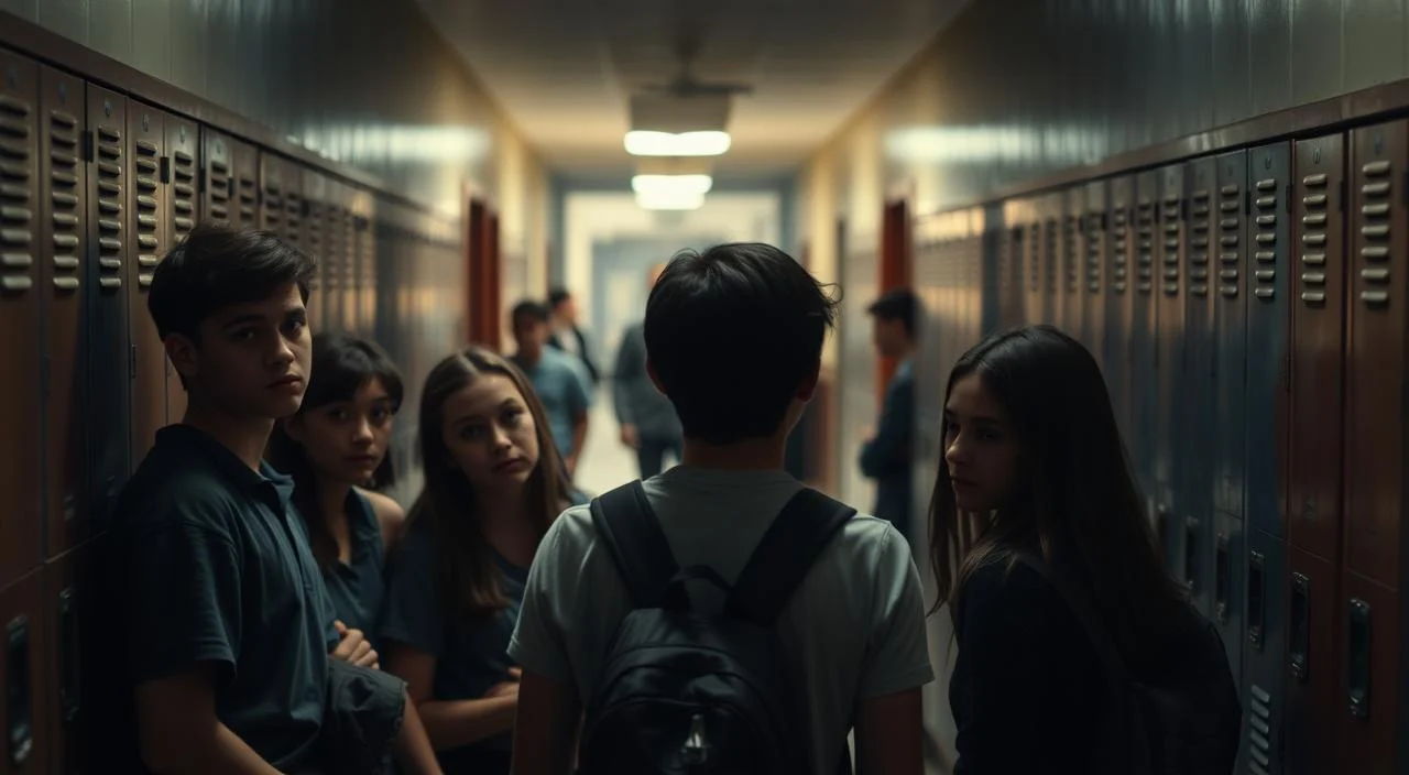 A dimly lit school hallway, lockers lining the walls. In the foreground, a group of teenagers huddle together, their expressions ranging from anxious to defiant. The middle ground reveals another student, shoulders hunched, looking away from the group, a sense of isolation palpable. The background is blurred, but hints at the watchful gaze of teachers and peers, creating an atmosphere of unease and pressure. Soft, warm lighting casts shadows, emphasizing the emotional weight of the scene. A sense of vulnerability and the struggle to fit in permeates the image, capturing the challenges of social dynamics during adolescence.
