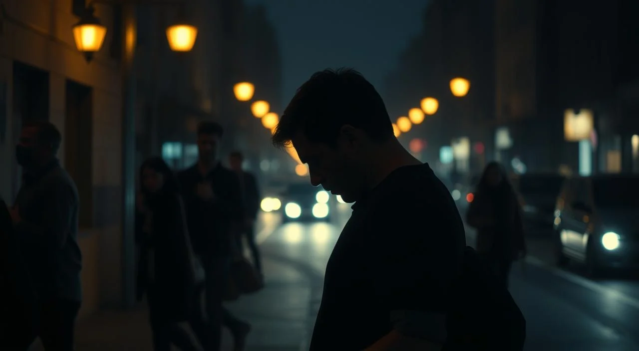 A dimly lit urban setting, streetlights casting a warm, amber glow amidst the shadows. In the foreground, a solitary figure, head bowed, shoulders hunched, consumed by a sense of self-consciousness and apprehension. The middle ground reveals passersby, their faces obscured, suggesting the omnipresent gaze of judgment. The background fades into a hazy, indistinct cityscape, representing the pervasive nature of this fear in the individual's daily life. Soft, diffused lighting and a muted color palette convey a somber, introspective mood, while the composition and body language of the central figure evoke a palpable sense of unease and vulnerability.