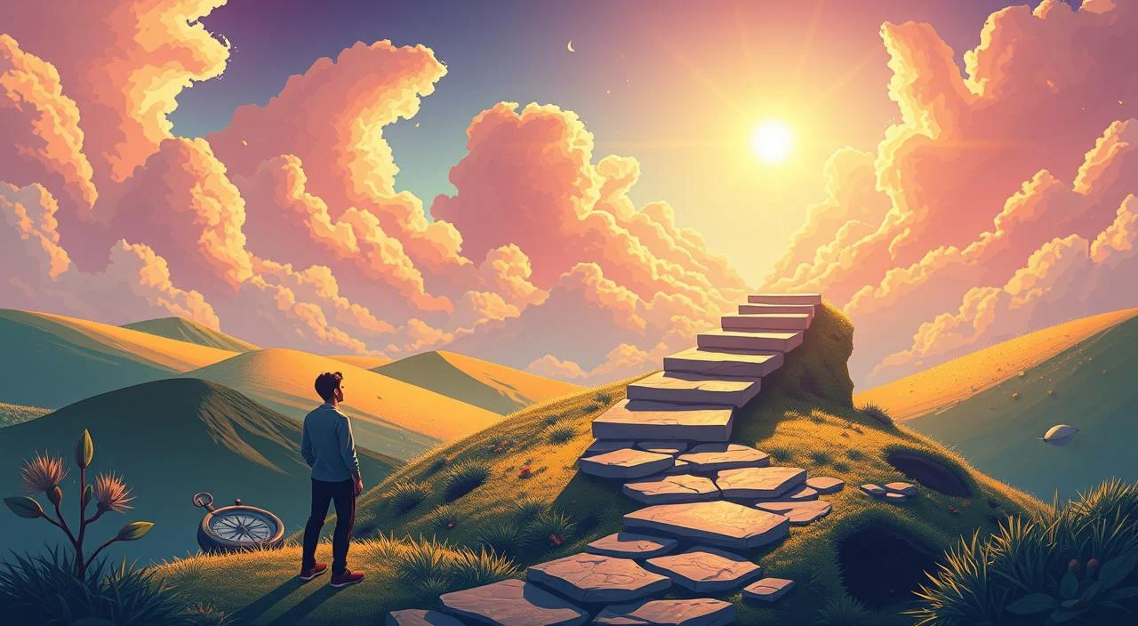 A dynamic, colorful illustration depicting the journey of career development. In the foreground, a person stands at a crossroads, contemplating their next steps, surrounded by symbols of growth and progress - a sprouting plant, a winding path, a compass. In the middle ground, a series of stepping stones or stairs represent the gradual advancement of a career, each step leading to new opportunities and challenges. The background features a vibrant, dreamlike landscape, with clouds parting to reveal a bright, hopeful sky. The scene is bathed in warm, golden lighting, conveying a sense of optimism and personal empowerment. Subtle visual elements, such as a rising sun or a guiding star, further reinforce the theme of personal and professional development.