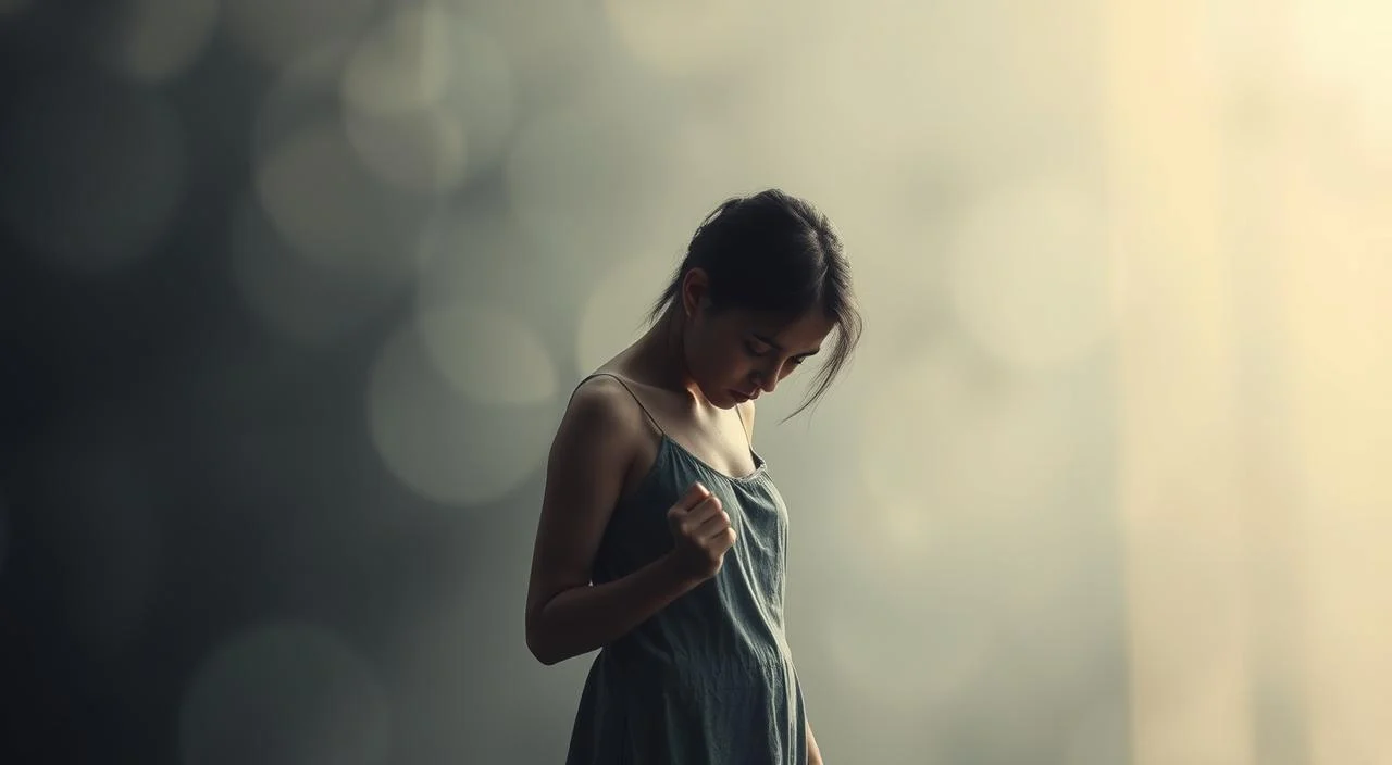 A fragile figure, shoulders slumped, head bowed, stands alone against a backdrop of blurred shapes and muted colors, conveying a sense of isolation and self-doubt. Soft, diffused lighting casts a melancholic glow, accentuating the somber mood. The subject's gaze is averted, eyes downcast, reflecting the heavy burden of low self-esteem. Subtle details, such as furrowed brows and a clenched fist, hint at the internal struggle and the impact of harsh judgment on one's mental well-being. This image aims to capture the poignant essence of how familial criticism can profoundly shape and diminish an individual's self-perception and overall psychological health.