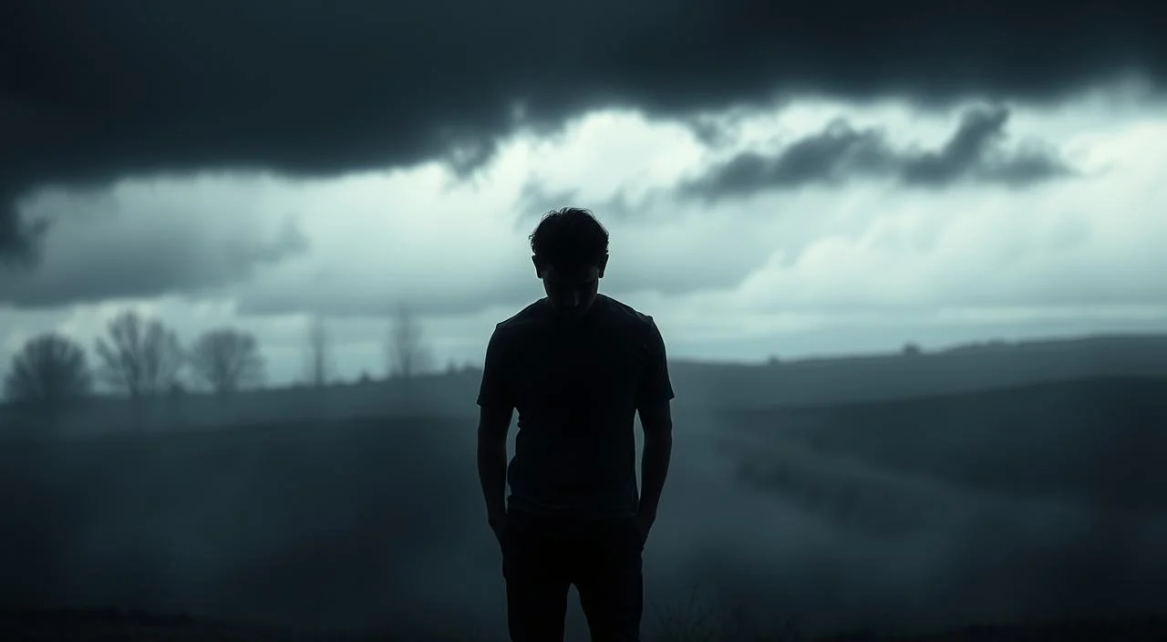A gloomy, muted landscape with dark storm clouds gathering overhead. In the foreground, a solitary figure stands with slumped shoulders, their expression somber and inward-looking, reflecting the weight of negative thoughts and self-doubt. The middle ground is obscured by a hazy, oppressive atmosphere, conveying a sense of isolation and emotional heaviness. In the distance, a blurred, indistinct horizon line suggests the overwhelming nature of the "negativity bias." Dramatic chiaroscuro lighting casts deep shadows, amplifying the brooding, melancholic mood. The scene is rendered in a moody, painterly style with a limited color palette, emphasizing the pervasive sense of gloom.