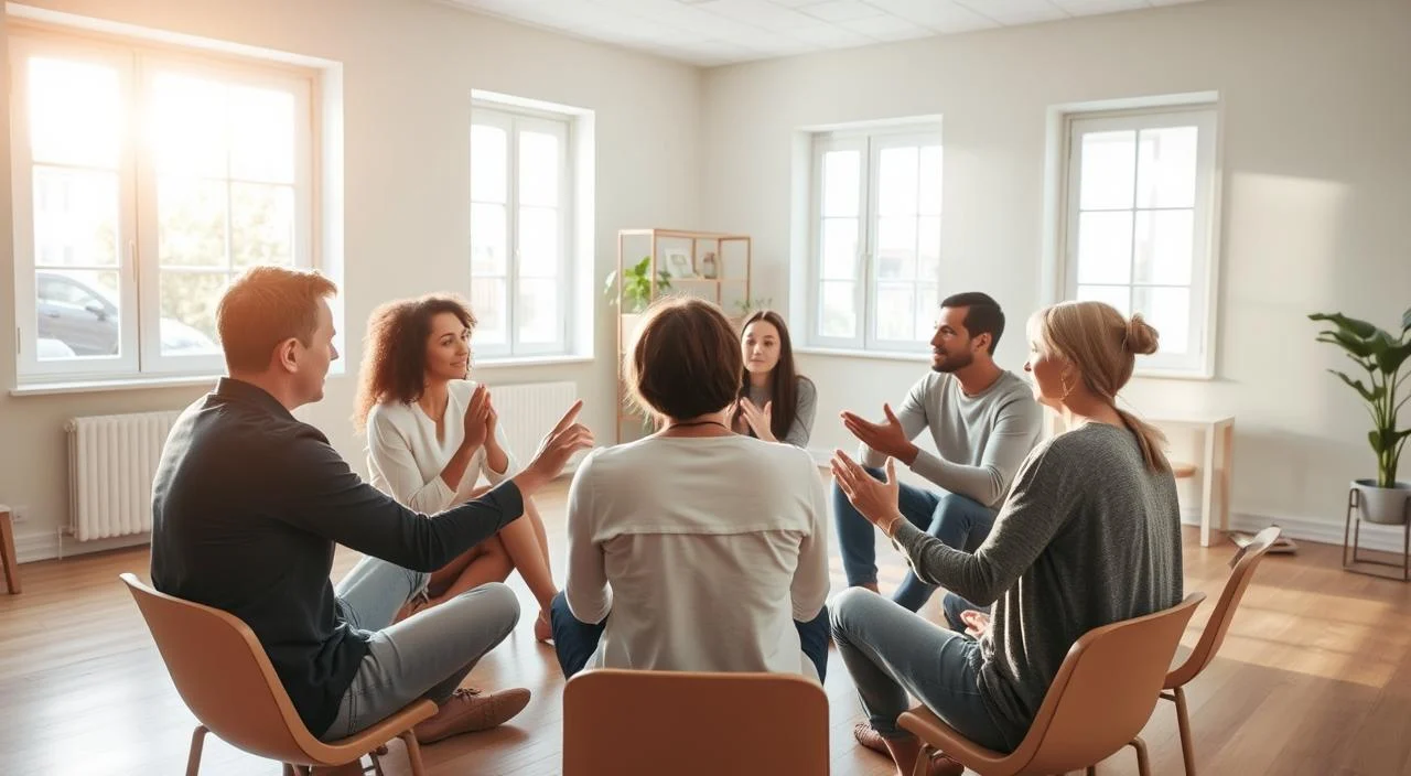 A group of people engaged in trust-building and communication exercises in a bright, sunlit room with natural wood floors and calming pastel walls. The participants sit in a circle, making eye contact and using hand gestures to collaborate. The atmosphere is serene, with soft background music playing. Warm lighting from large windows casts a gentle glow, highlighting the expressions of focus and connection on the faces of the group. The scene conveys a sense of safety, openness, and mutual understanding as they work to strengthen their interpersonal bonds.