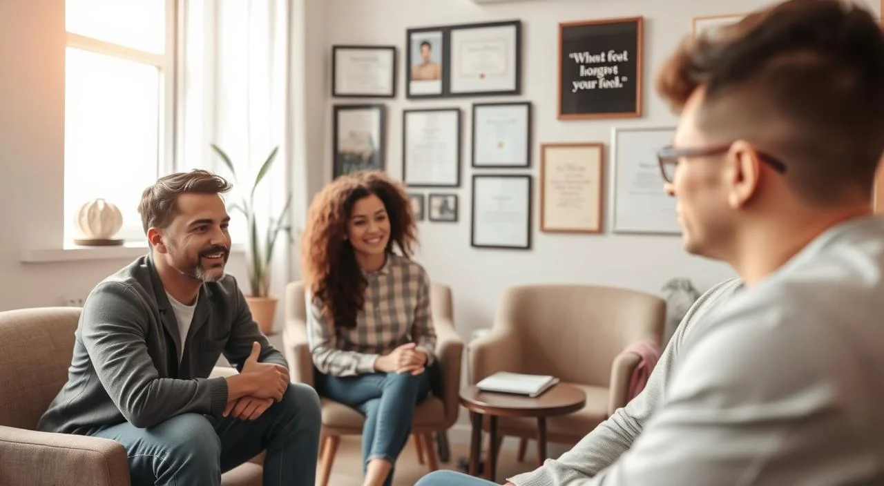 A group of professional psychologists providing free mental health counseling sessions in a warm and inviting setting. The foreground features three diverse individuals - a man, a woman, and a non-binary person - all engaged in deep conversation, their expressions attentive and empathetic. The middle ground shows a cozy, well-lit office space with comfortable chairs, a side table, and tasteful decor. In the background, the walls are adorned with diplomas, certificates, and framed inspirational quotes, conveying the clinicians' expertise and dedication to their practice. Soft, natural lighting filters through the windows, creating a calming atmosphere. The overall scene exudes a sense of care, support, and accessibility for those seeking psychological assistance.