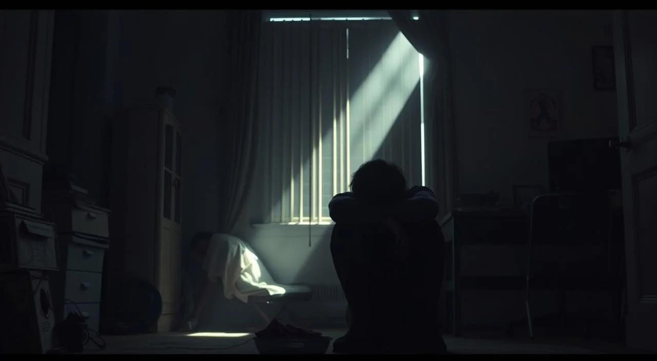 A melancholic figure sits hunched in a dimly lit room, the weight of depression visible in their posture. Muted colors and soft lighting create a somber atmosphere, conveying the emotional toll of daily life under the shadow of mental illness. In the background, a cluttered desk and scattered belongings hint at the challenges of maintaining routine and productivity. The scene evokes a sense of isolation and the struggle to find the motivation to engage with the world. A single shaft of light cutting through the gloom offers a glimmer of hope, suggesting the possibility of resilience and recovery.