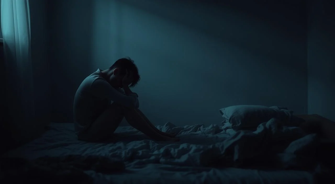 A melancholic figure sitting alone, their head bowed in a dimly lit room. Soft, muted tones of gray and blue create a somber atmosphere, with shadows casting a sense of heaviness. The figure's posture conveys a profound sense of fatigue and withdrawal, capturing the physical and emotional toll of depression. Hints of rumpled bedsheets and a cluttered environment suggest a lack of motivation and energy to maintain their surroundings. A single, muted light source casts a warm glow, hinting at the potential for hope and healing, even in the depths of despair.