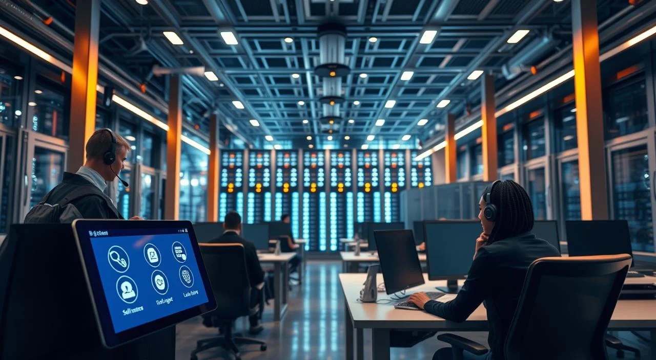 A modern digital customer service hub, bathed in warm lighting and sleek metallic accents. In the foreground, a minimalist touchscreen interface with intuitive icons, conveying seamless self-service and live agent support. The middle ground features ergonomic workstations where agents assist customers, their faces obscured by state-of-the-art headsets. Towering in the background, a sprawling data center hums with the steady pulse of cloud-based technologies, representing the robust infrastructure powering this dynamic digital platform. An atmosphere of efficiency, innovation, and customer-centric focus permeates the scene.