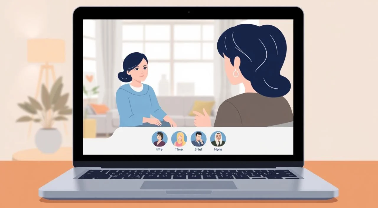 A modern, minimalist illustration depicting online psychological counseling. In the foreground, a laptop screen displays a video call interface with a therapist and a patient in casual, approachable attire. The middle ground features a cozy, inviting home interior with natural lighting and calming decor, conveying a sense of comfort and privacy. In the background, subtle abstract shapes or patterns suggest the transformative, empowering nature of virtual mental health support. The overall mood is warm, professional, and focused on the ease and accessibility of remote therapeutic services.