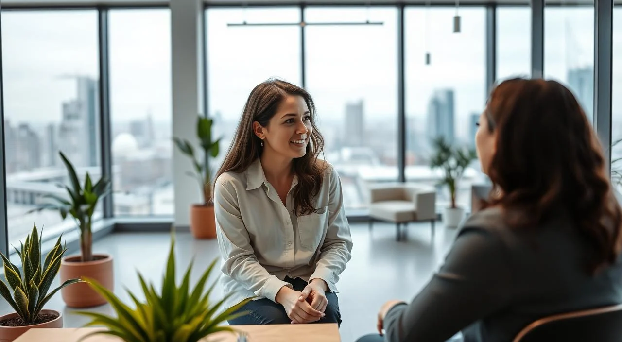 A modern office setting with a focused, professional atmosphere. In the foreground, a therapist and patient engaged in a thoughtful discussion, their expressions conveying a sense of understanding and progress. The middle ground features a minimalist, yet warm decor - potted plants, contemporary furnishings, and subtle lighting fixtures. The background showcases a panoramic city view through large windows, symbolizing the broader context and impact of the therapeutic work. The overall mood is one of calm, productivity, and the positive integration of mental health support within the professional realm.