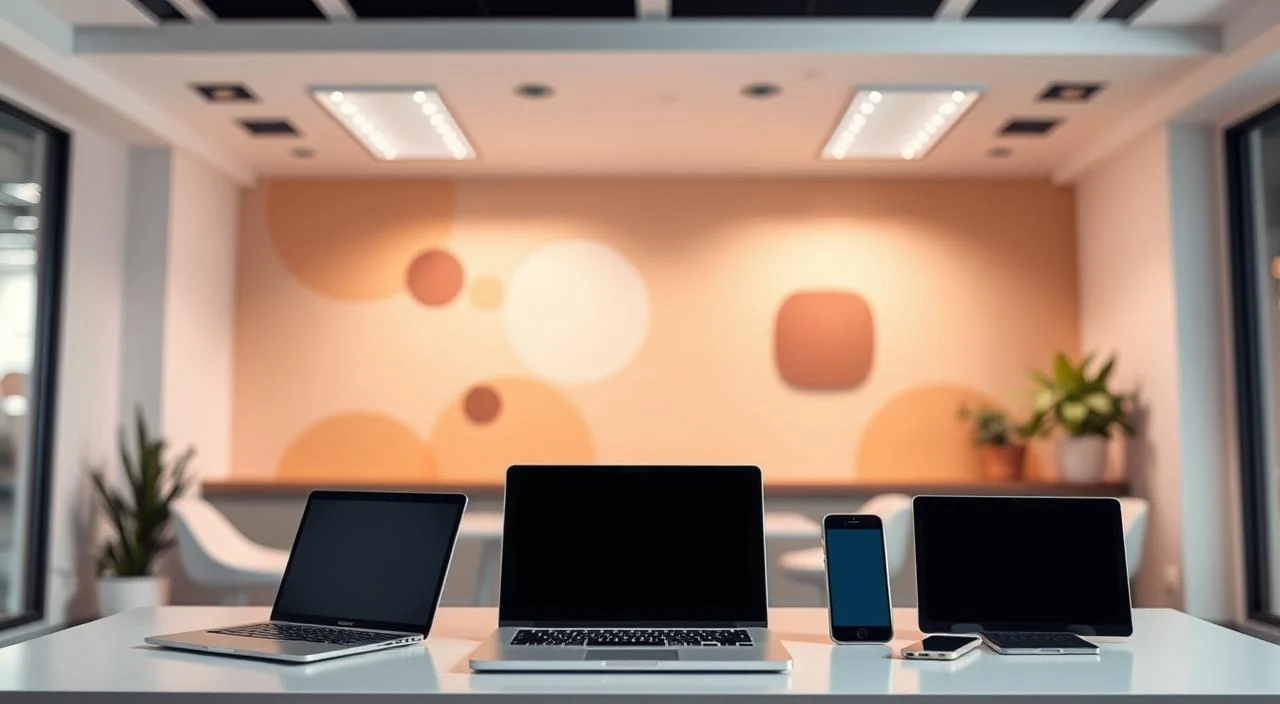 A modern office setting with a sleek, minimalist design. In the foreground, a variety of digital devices such as laptops, tablets, and smartphones are displayed, representing the different modes of online therapy. In the middle ground, a warm, neutral-toned color palette creates a calming atmosphere, with subtle lighting from overhead fixtures. In the background, abstract shapes and patterns suggest the interconnected nature of virtual therapy sessions, with a sense of fluidity and connectivity. The overall composition conveys the accessibility, convenience, and versatility of the various types of online therapy available.
