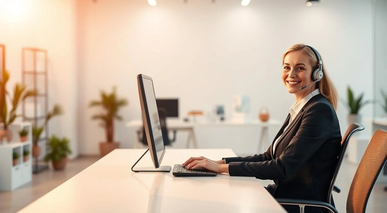 A modern online customer service desk, bathed in warm, soft lighting. In the foreground, a friendly, professional-looking representative sits at a sleek, minimalist workstation, ready to assist customers. The middle ground features a clean, uncluttered office environment, with a hint of minimalist decor and technology. The background showcases a serene, neutral-toned backdrop, evoking a sense of calm and efficiency. The overall atmosphere conveys a positive, customer-centric experience, where technology and human connection seamlessly blend to provide a high-quality online support service.