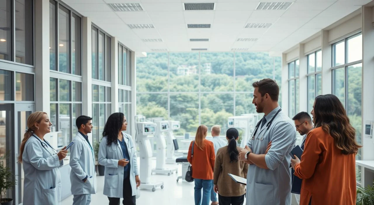 A modern, well-equipped healthcare facility with a warm, welcoming atmosphere. The building features a clean, minimalist exterior with large windows allowing natural light to flood the interior. In the foreground, a group of diverse patients and medical staff engage in constructive discussions, symbolizing an inclusive, collaborative approach to healthcare. The middle ground showcases state-of-the-art diagnostic equipment and treatment rooms, conveying a sense of advanced, evidence-based care. The background depicts a lush, serene landscape, suggesting a holistic, community-focused model of healthcare that considers the patient's overall well-being. Soft, diffused lighting creates a calming, therapeutic ambiance throughout the scene.