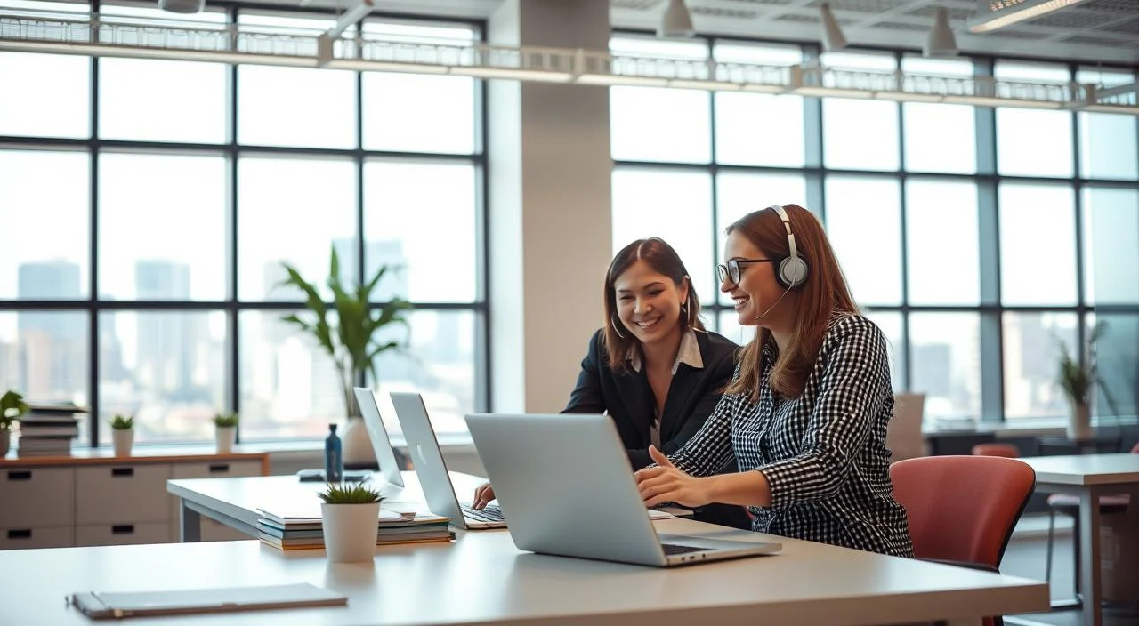 A modern, well-lit office setting with a customer service representative assisting a client on a laptop computer. The foreground features the customer and representative engaged in a friendly, collaborative interaction. The middle ground showcases an organized, clean workspace with minimal clutter. In the background, a large window provides a pleasant, natural lighting source and a view of a bustling cityscape. The overall atmosphere conveys a sense of efficiency, professionalism and a positive customer experience.