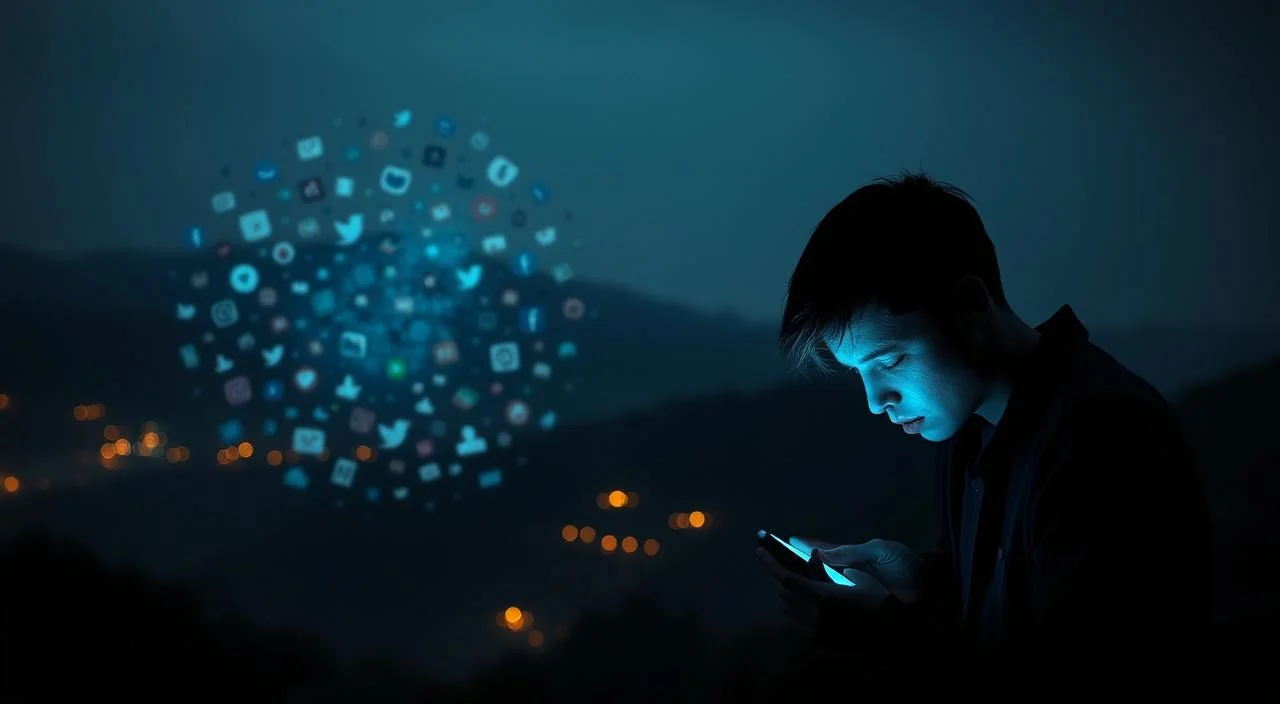 A panoramic scene depicting the impact of social media on mental health. In the foreground, a person hunched over a smartphone, their face illuminated by the screen's blue glow, reflecting a sense of distress and anxiety. In the middle ground, a swirling mass of social media icons, likes, and comments, symbolizing the relentless pressure of online judgement and scrutiny. The background is a hazy, dimly lit landscape, conveying a sense of isolation and emotional turmoil. The lighting is moody and atmospheric, with deep shadows and highlights, creating a brooding, introspective mood. The lens is wide-angle, capturing the expansive scale of the scene and the overwhelming nature of the subject matter.