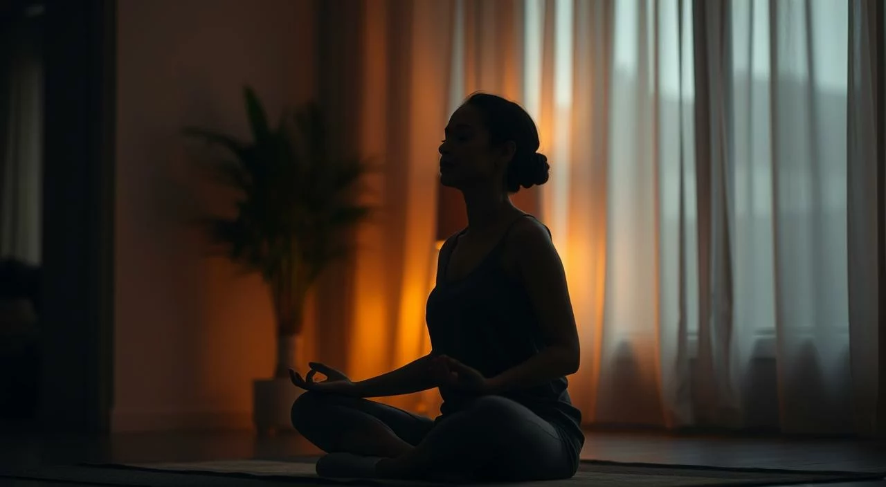 A peaceful, meditative scene featuring a person in a serene indoor environment, practicing breathing and mindfulness techniques. Dim, warm lighting casts a calming glow, with soft shadows and highlights. The person is seated in a comfortable, cross-legged position, eyes closed, hands resting on their lap. The background is blurred, with gentle textures and muted colors to draw focus to the central figure. A sense of tranquility and introspection pervades the scene, reflecting the power of mindful practices to overcome self-judgment.