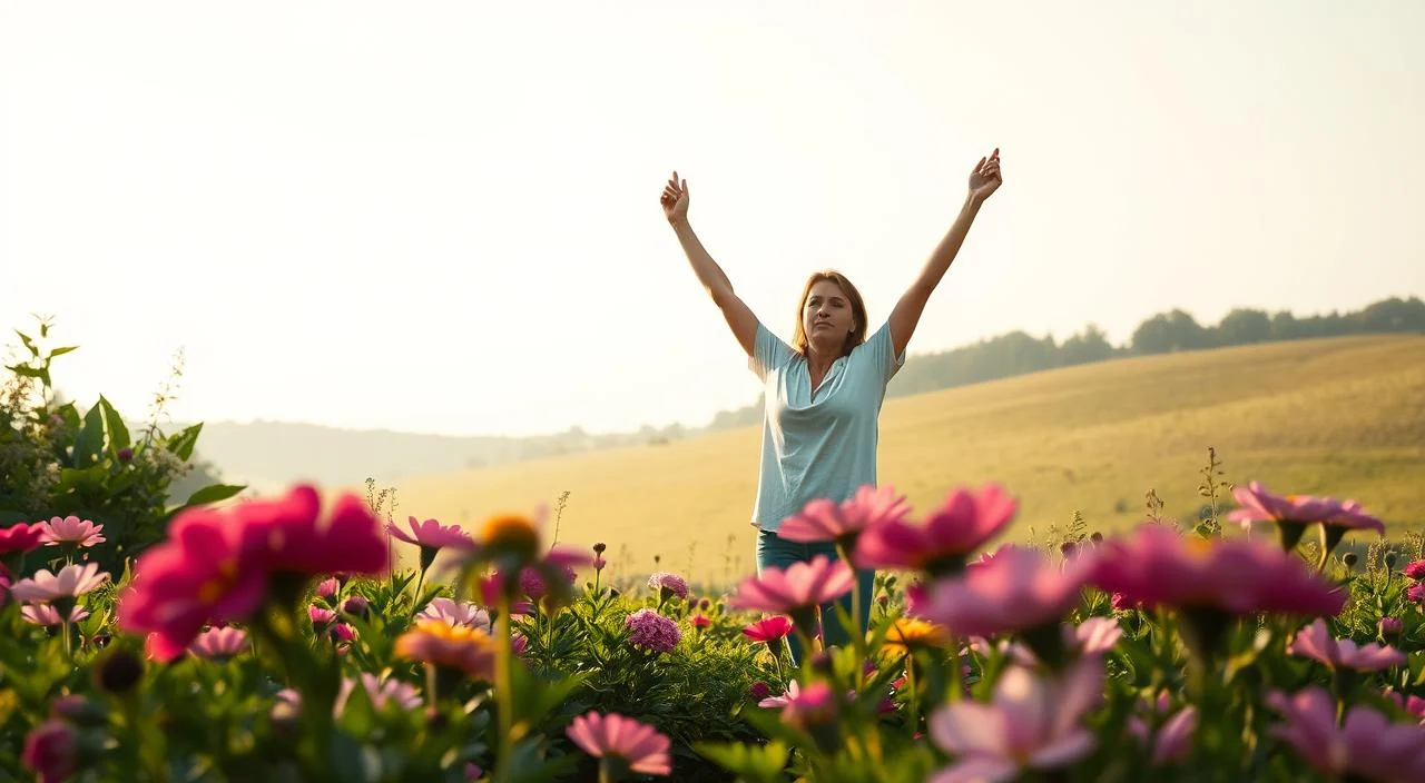 A peaceful, serene garden scene with a person standing tall, arms raised in a gesture of liberation and self-acceptance. The foreground features lush, blooming flowers in vibrant hues, symbolizing personal growth and the blossoming of self-confidence. The middle ground depicts the figure, illuminated by soft, warm lighting, their expression radiating a sense of tranquility and inner strength. In the background, a verdant landscape with a clear, calming sky, conveying a feeling of expansiveness and freedom from judgment. The overall atmosphere is one of serenity, self-empowerment, and the triumph over self-criticism.